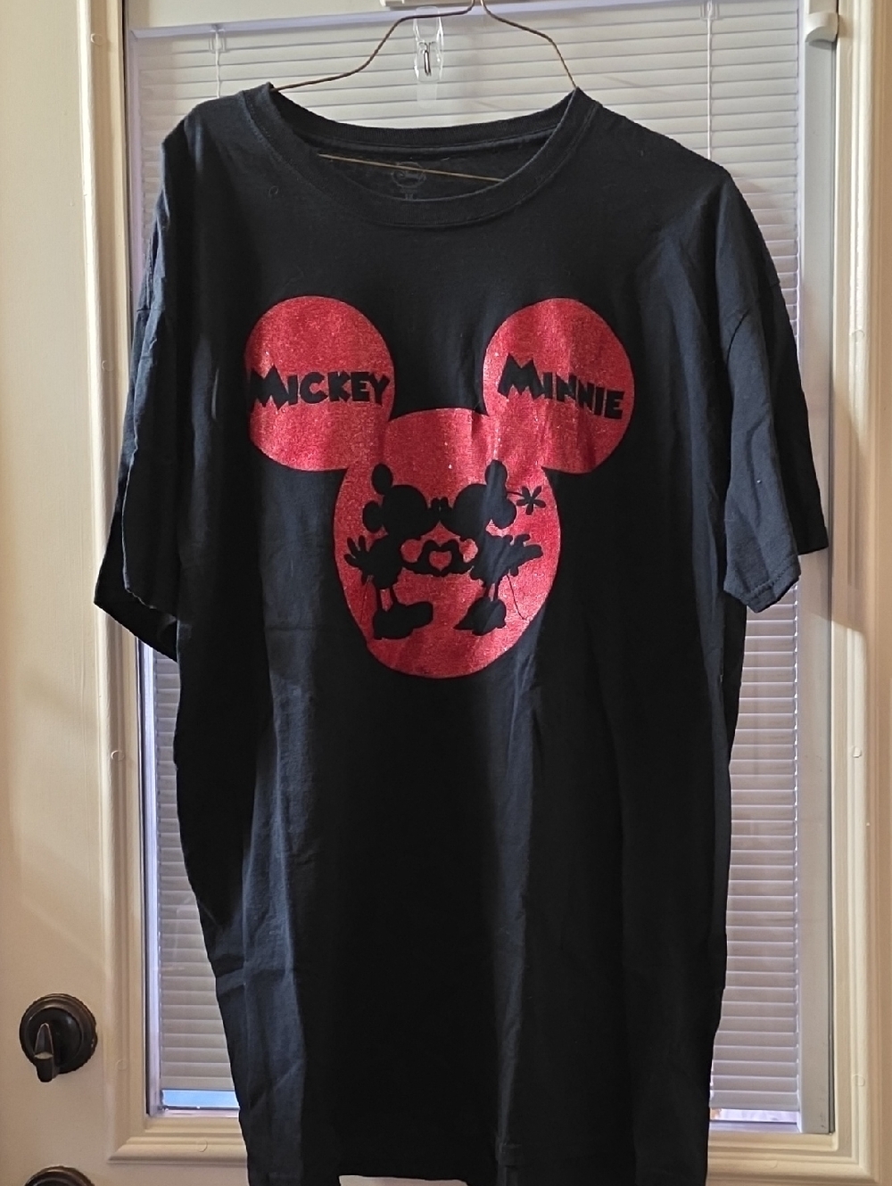 Disney Black Tee with Red Glitter Mickey & Minnie Silhouette